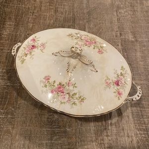Floral Porcelain Covered Serving Dish with Pink Rose Pattern